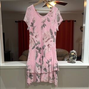 New Collection Gauze Tiered Sharkbite Floral Pink Dress Size L Made in Italy